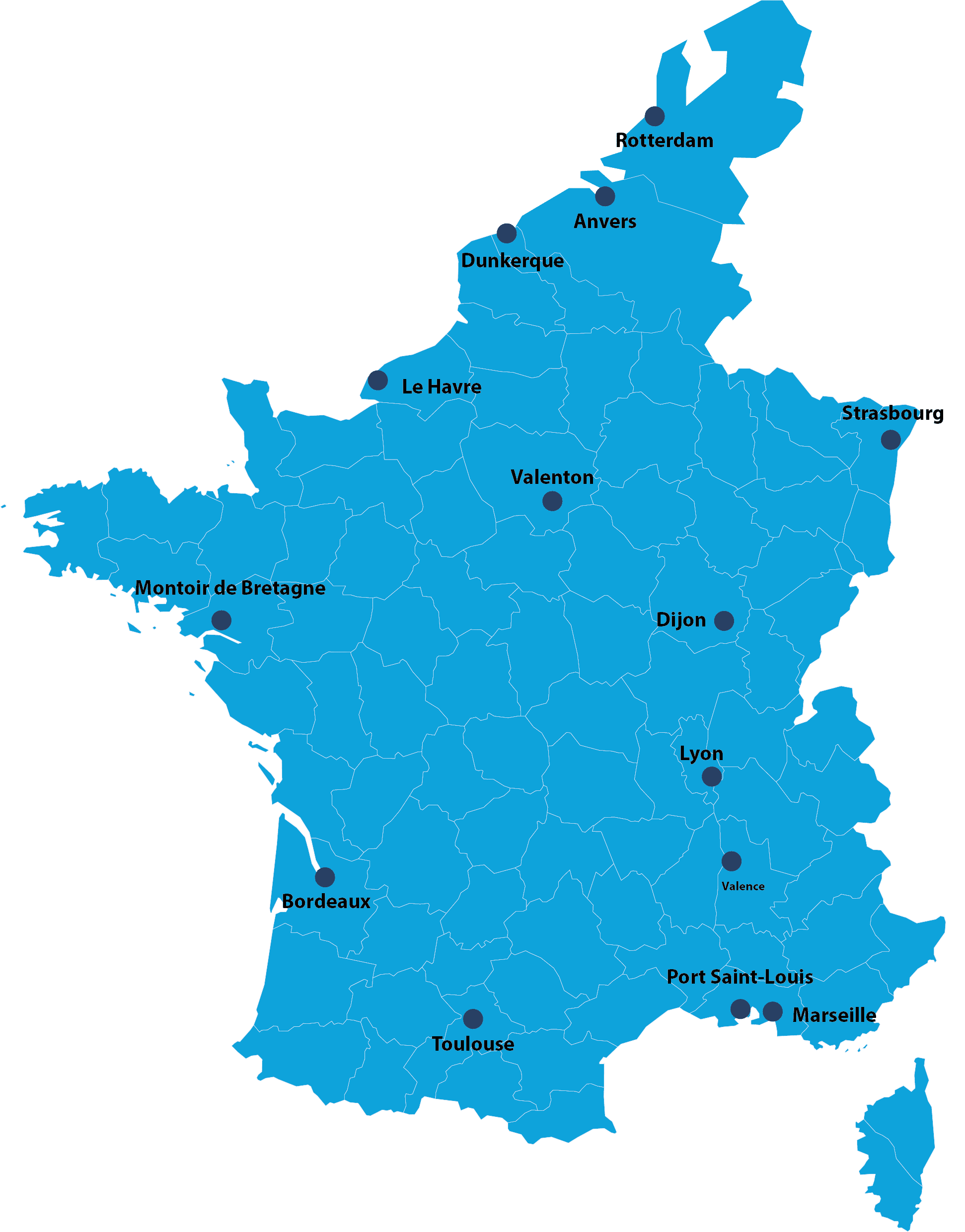 Carte de la France bleue avec des points sur les villes avec un dépôt Eurobox